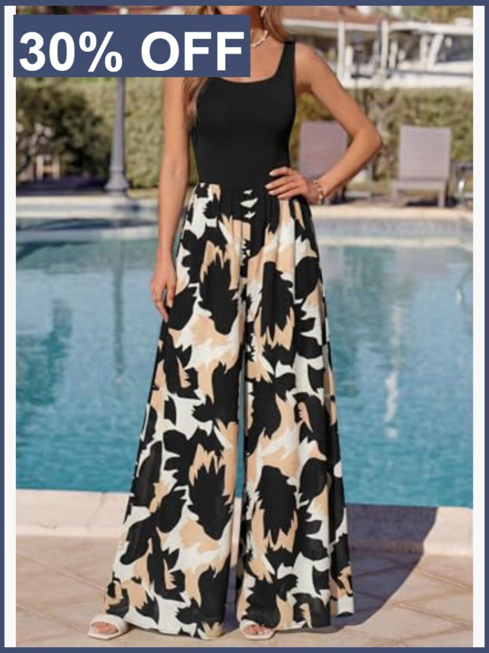 Boho Floral Wide Leg Jumpsuit with Pockets Sleeveless Summer Romper - Picture 4 of 7